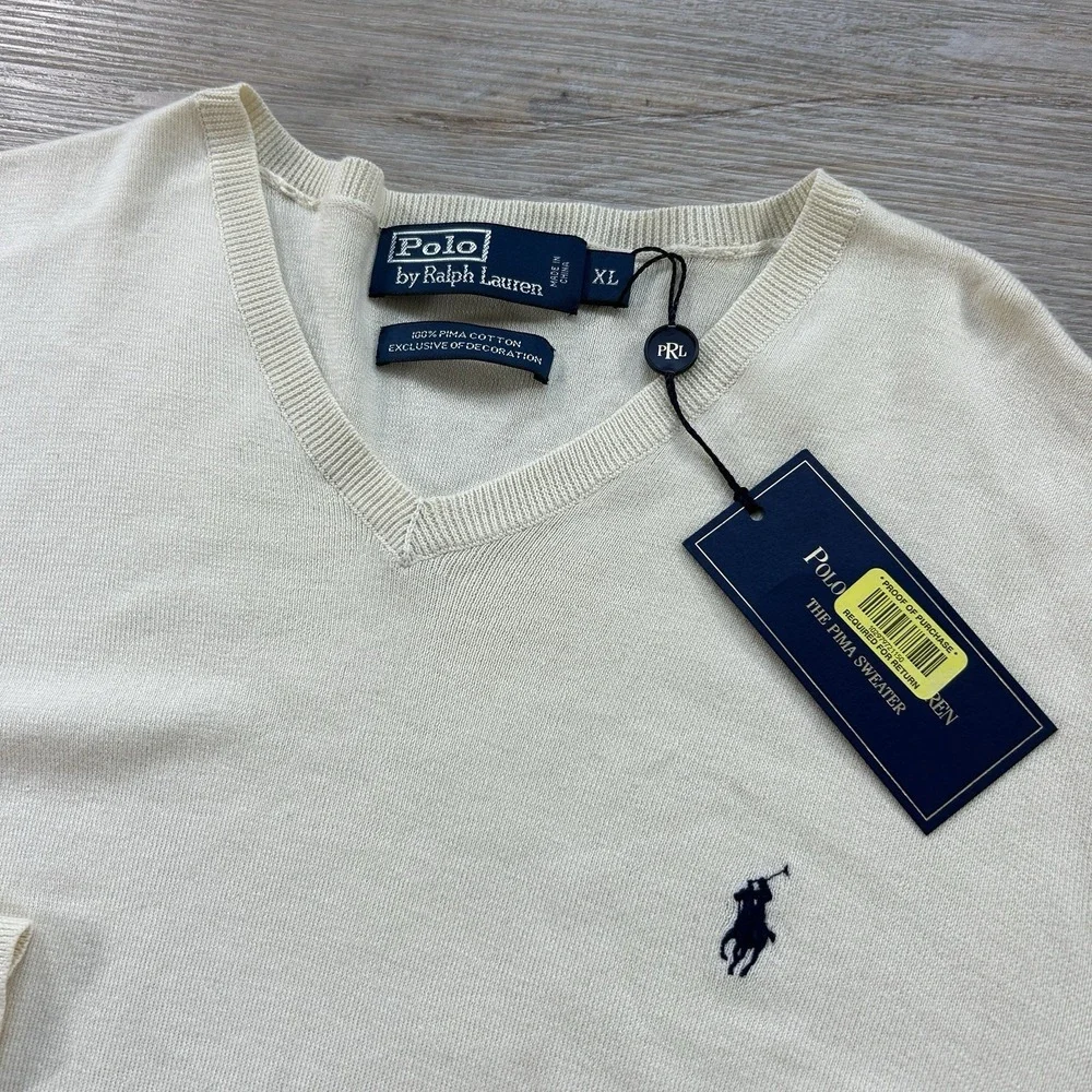 NWT Polo Ralph Lauren Sweater Mens XL Ivory Knit Pima Cotton V-Neck